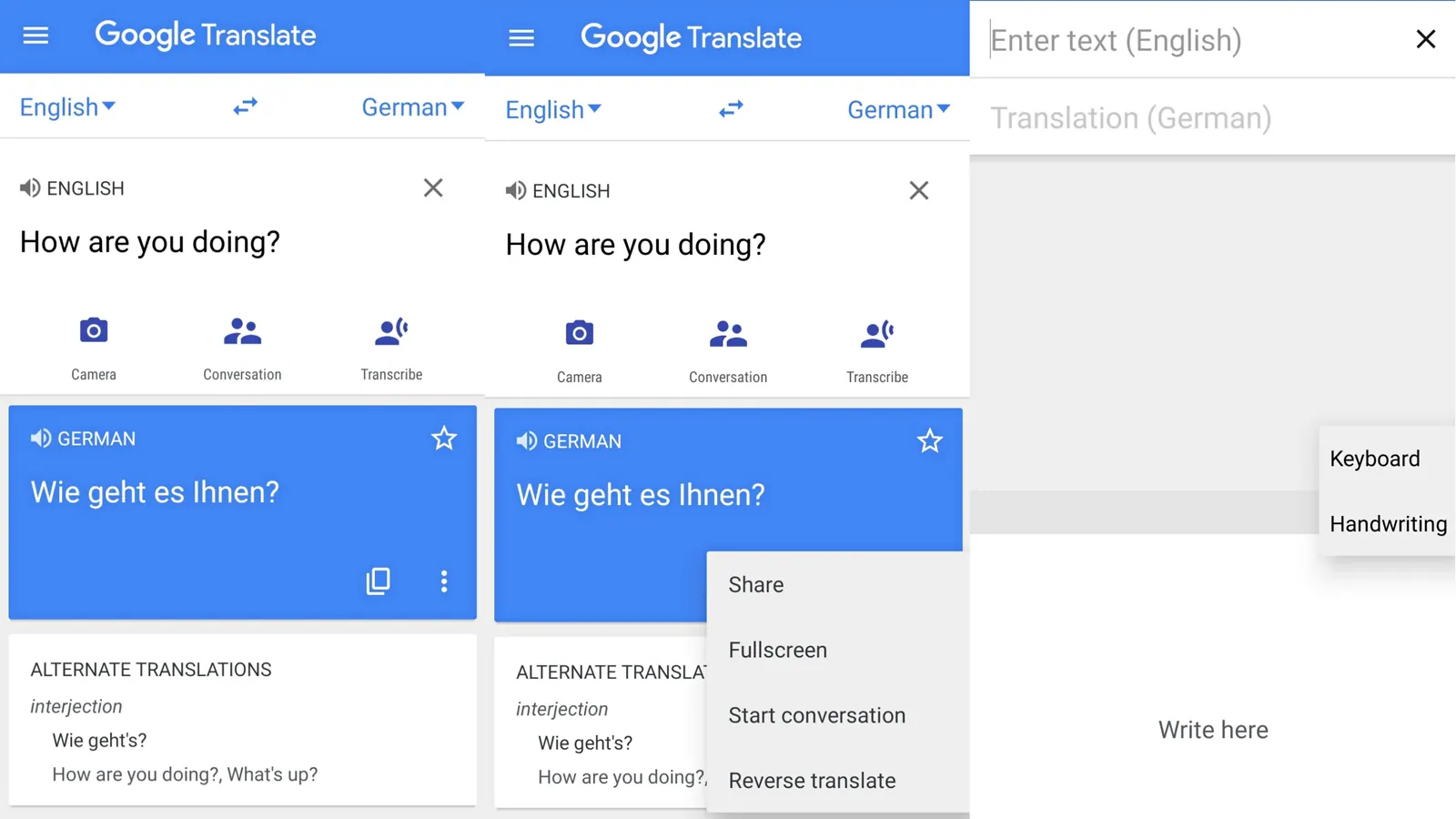 Giao diện Google Dịch trên điện thoại với chế độ Camera, Hội thoại và Chép lời