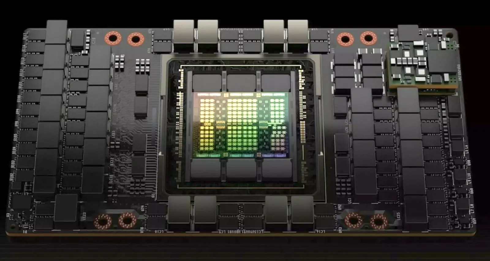 Card đồ hoạ NVIDIA H100 dành cho trung tâm dữ liệu, các chồng nhớ HBM nằm sát chip GPU
