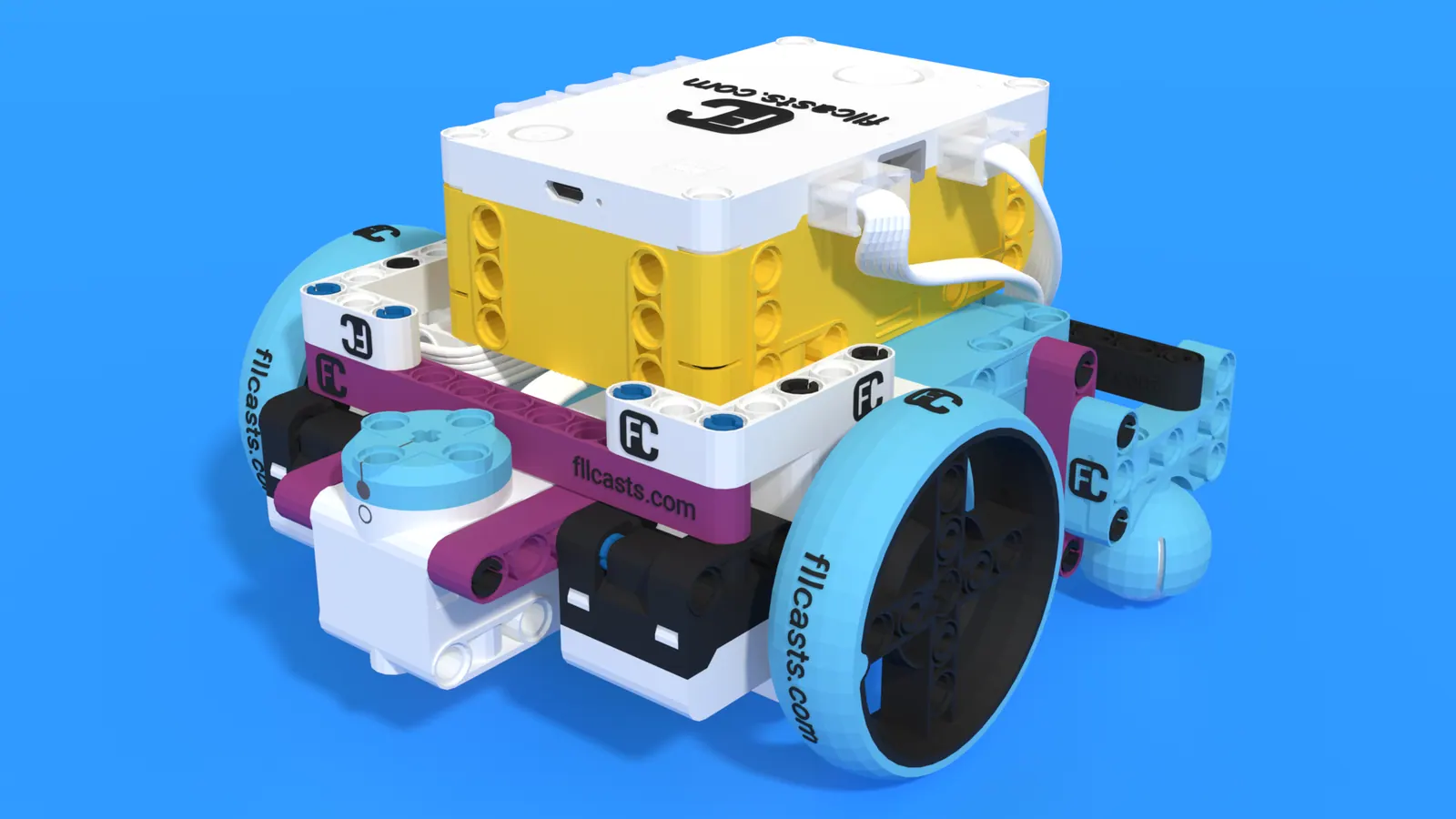 Robot lắp từ bộ LEGO SPIKE Prime với hub điều khiển màu vàng và hai bánh xe
