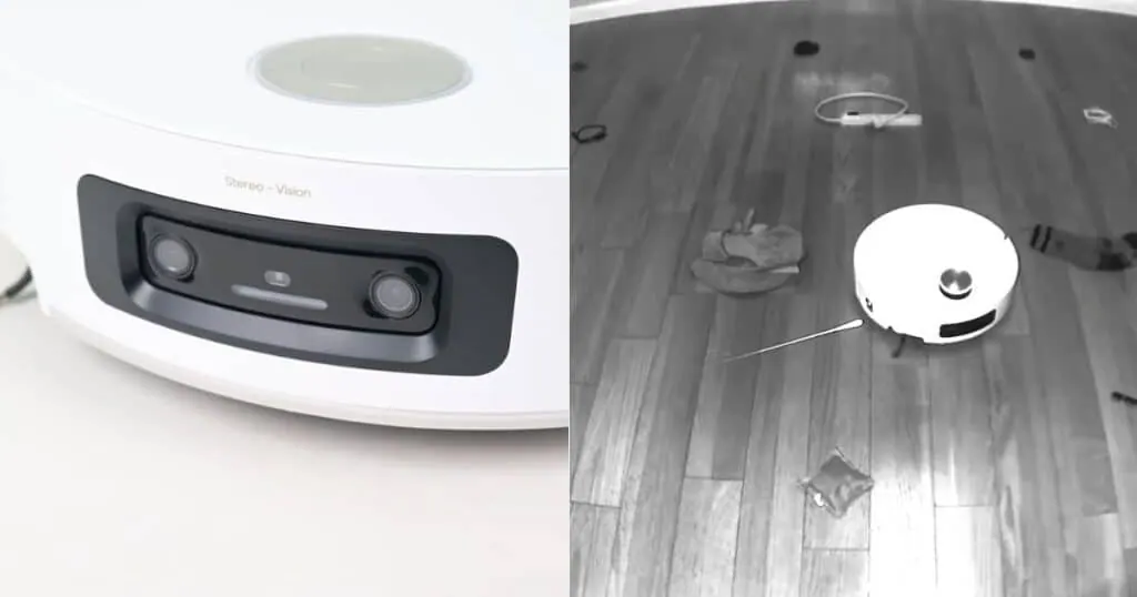 Cụm camera kép phía trước robot và góc nhìn hồng ngoại khi robot chạy giữa tất, dây cáp