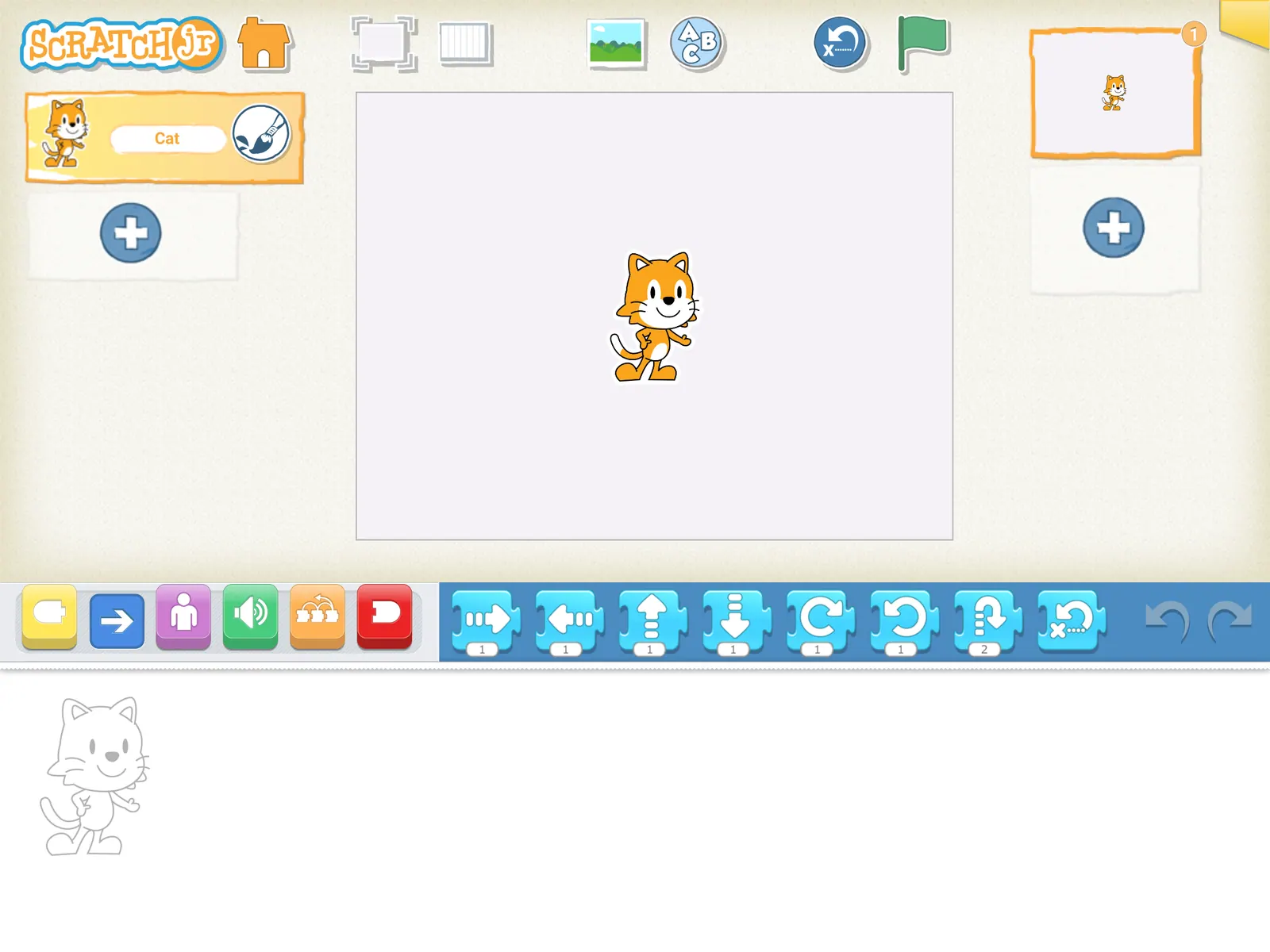 Giao diện ScratchJr với nhân vật mèo ở giữa và hàng khối lệnh mũi tên màu xanh ở dưới