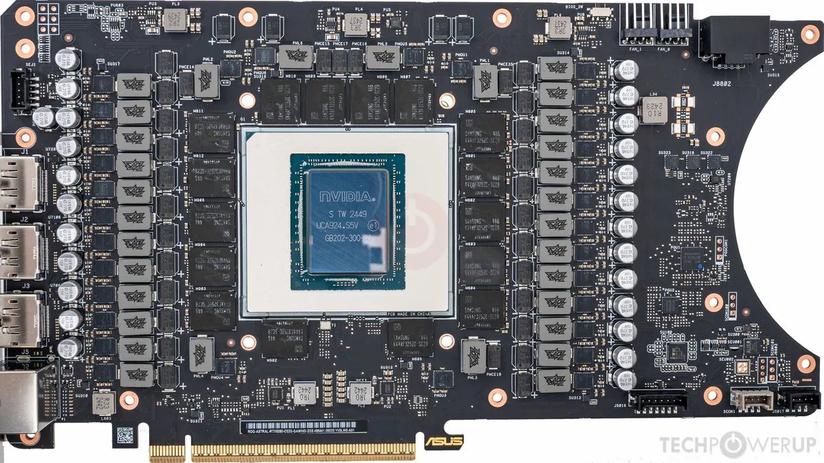 Bo mạch card đồ hoạ tháo tản nhiệt: chip GPU ở giữa, các chip nhớ VRAM xếp quanh