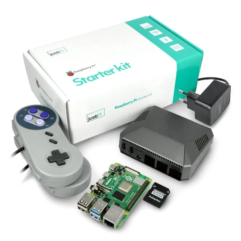 Bộ kit Raspberry Pi gồm bo mạch, vỏ, nguồn, thẻ nhớ và tay cầm chơi game kiểu SNES