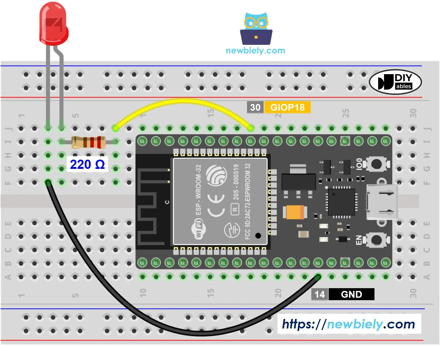 Sơ đồ nối LED và điện trở 220 ohm vào chân GPIO18 của ESP32 trên breadboard