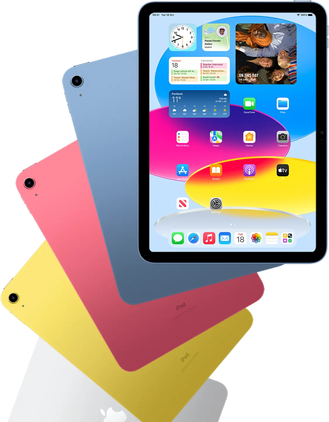 iPad phổ thông nhiều màu sắc, mặt trước hiển thị màn hình chính iPadOS