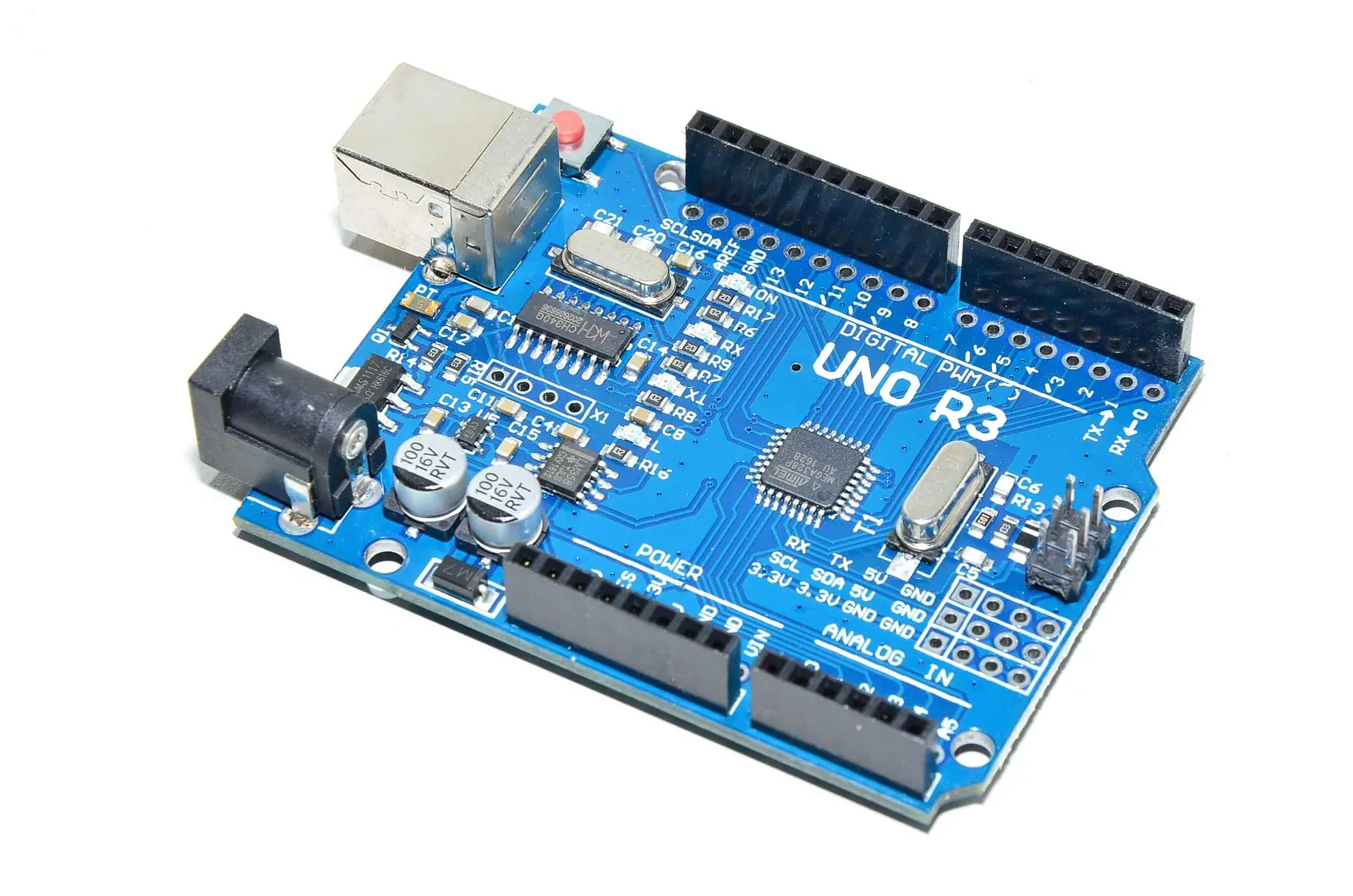 Bo mạch Arduino Uno R3 với chip ATmega328P và các hàng chân cắm
